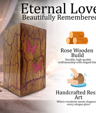 Pink Butterfly Wooden Urn For Ashes - Resin Keepsake Urns Box For Female