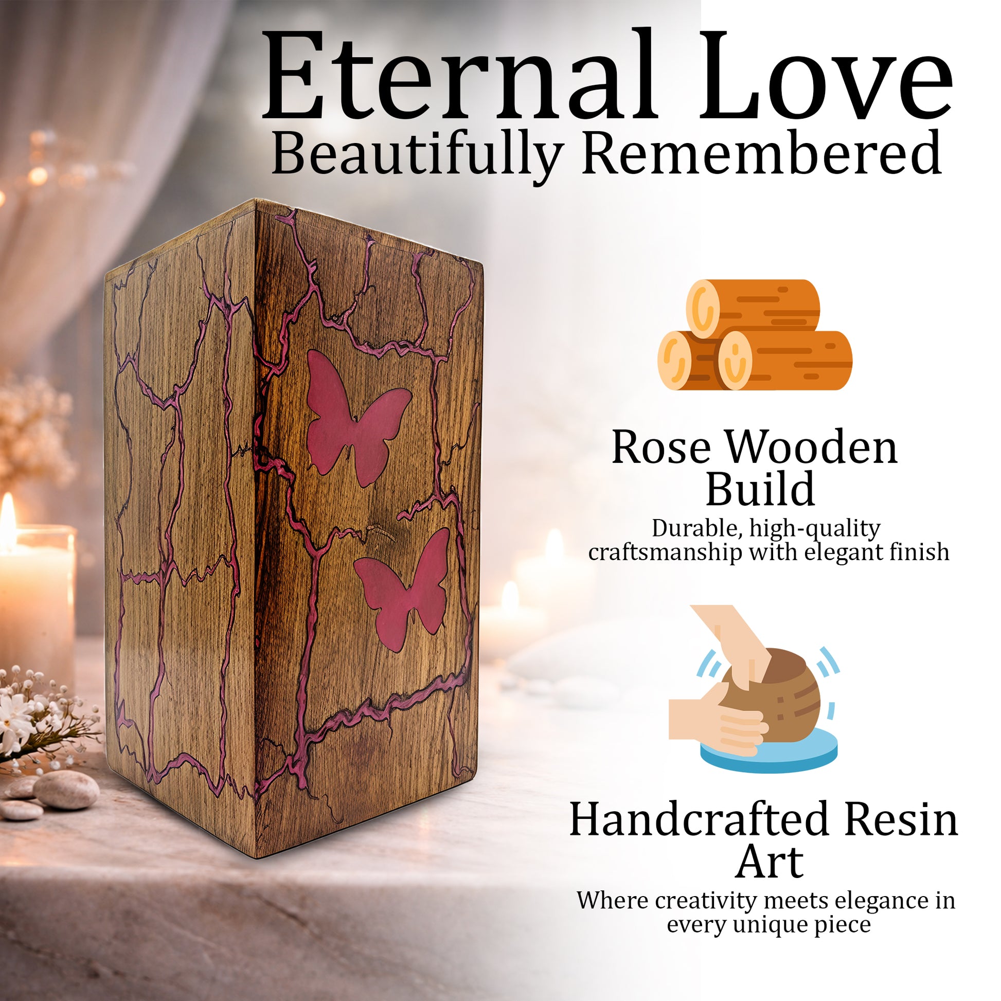 Pink Butterfly Wooden Urn For Ashes - Resin Keepsake Urns Box For Female