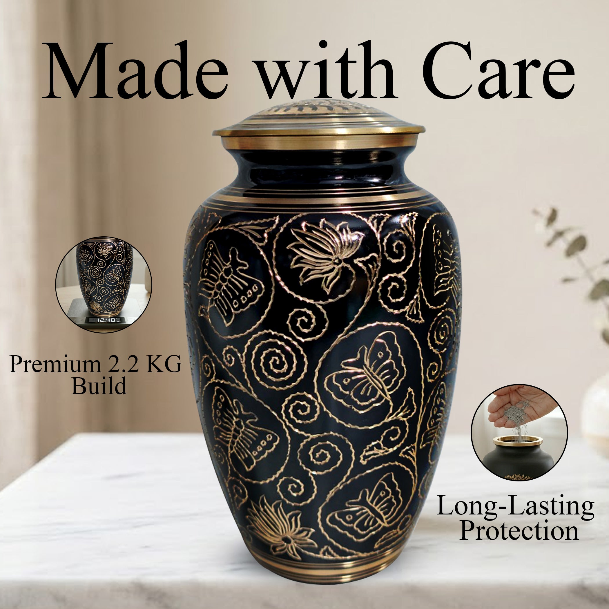 Butterfly Brass Urn for Adults – Flower Engraved Burial Urns For Human Ashes