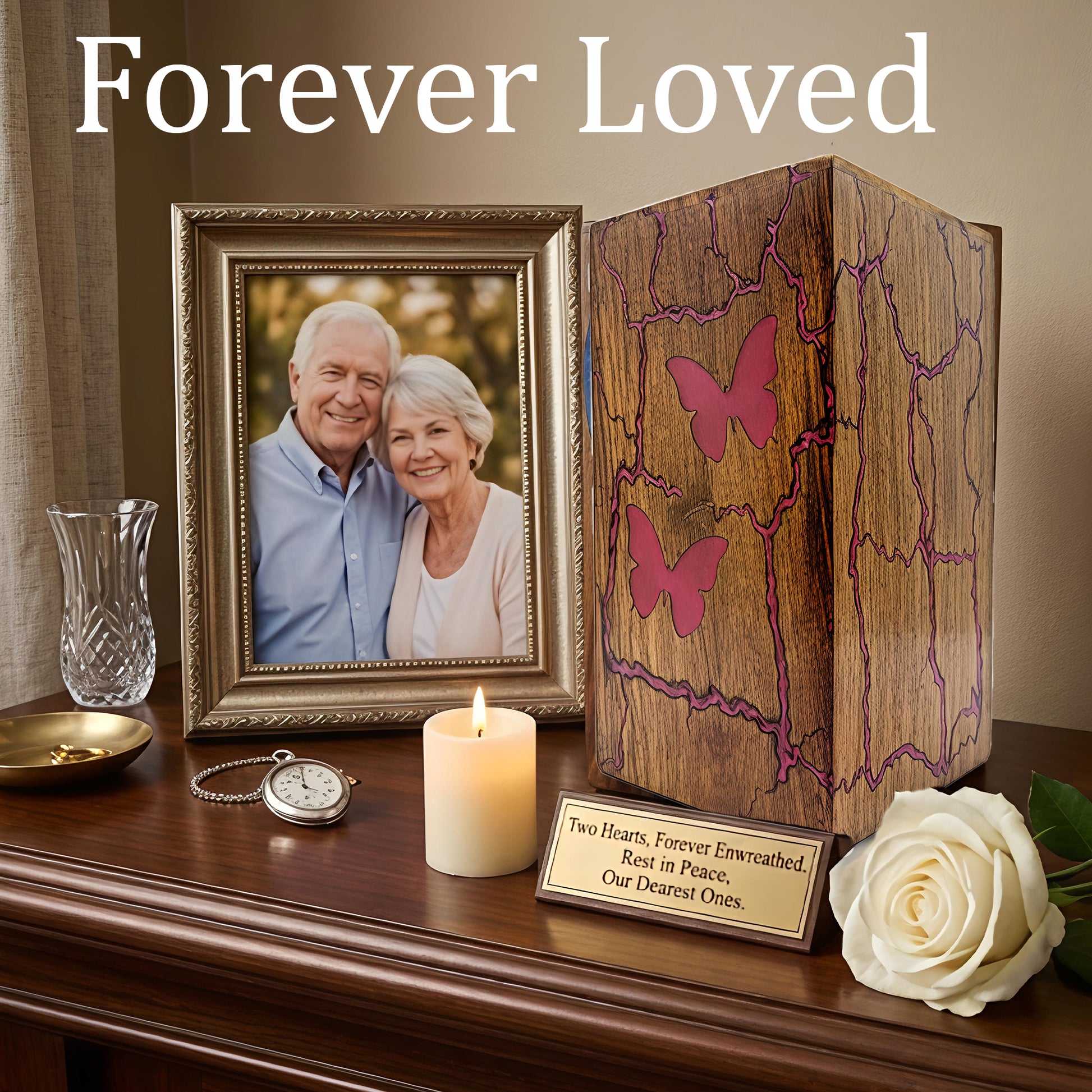 Pink Butterfly Wooden Urn For Ashes - Resin Keepsake Urns Box For Female