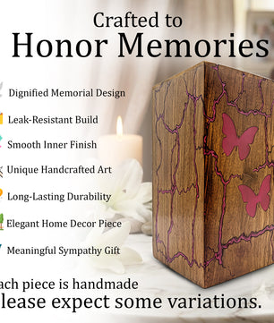 Pink Butterfly Wooden Urn For Ashes - Resin Keepsake Urns Box For Female