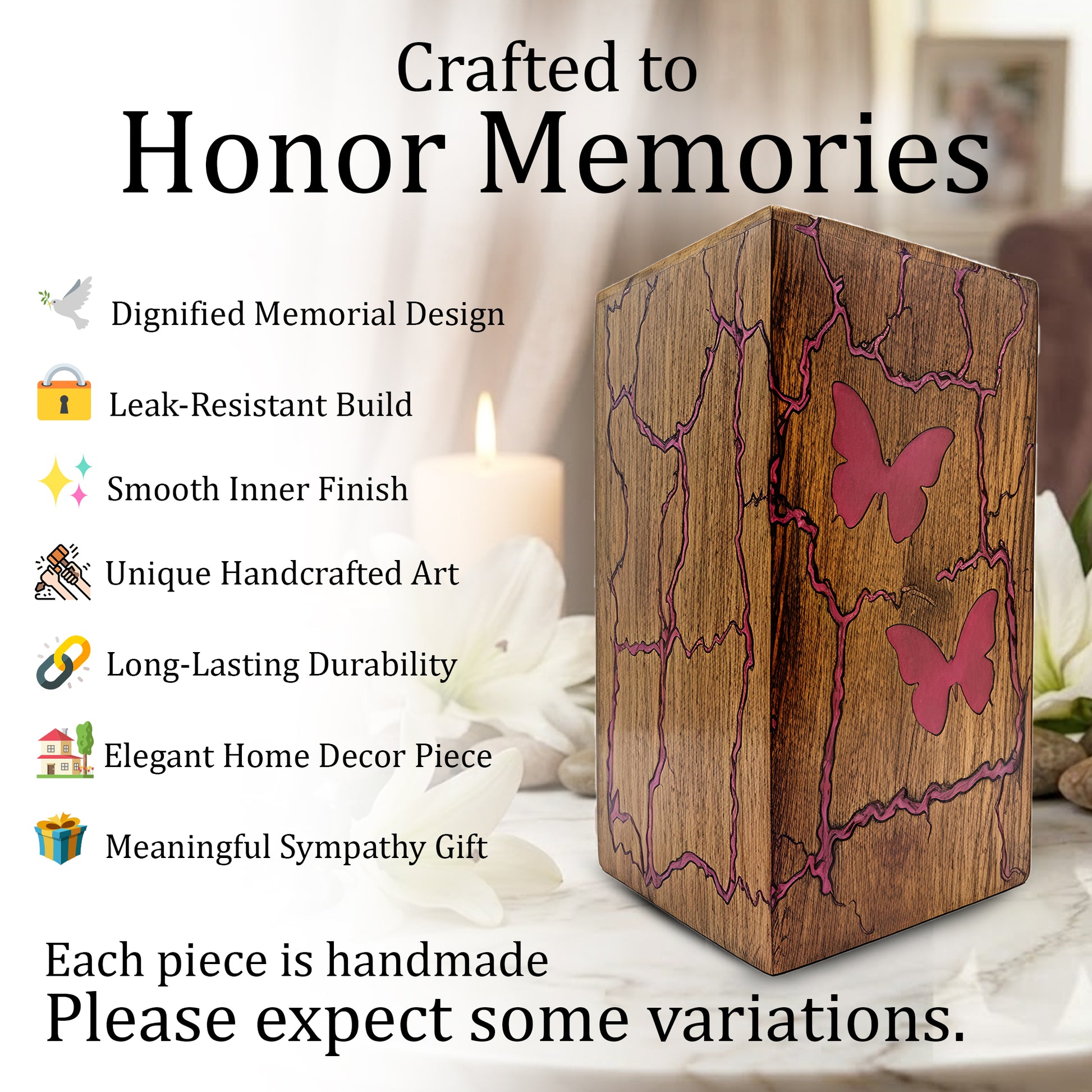 Pink Butterfly Wooden Urn For Ashes - Resin Keepsake Urns Box For Female