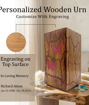 Pink Butterfly Wooden Urn For Ashes - Resin Keepsake Urns Box For Female
