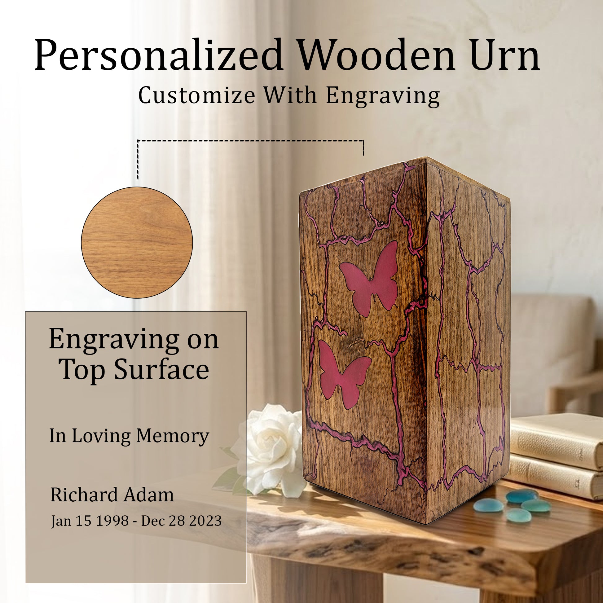 Pink Butterfly Wooden Urn For Ashes - Resin Keepsake Urns Box For Female