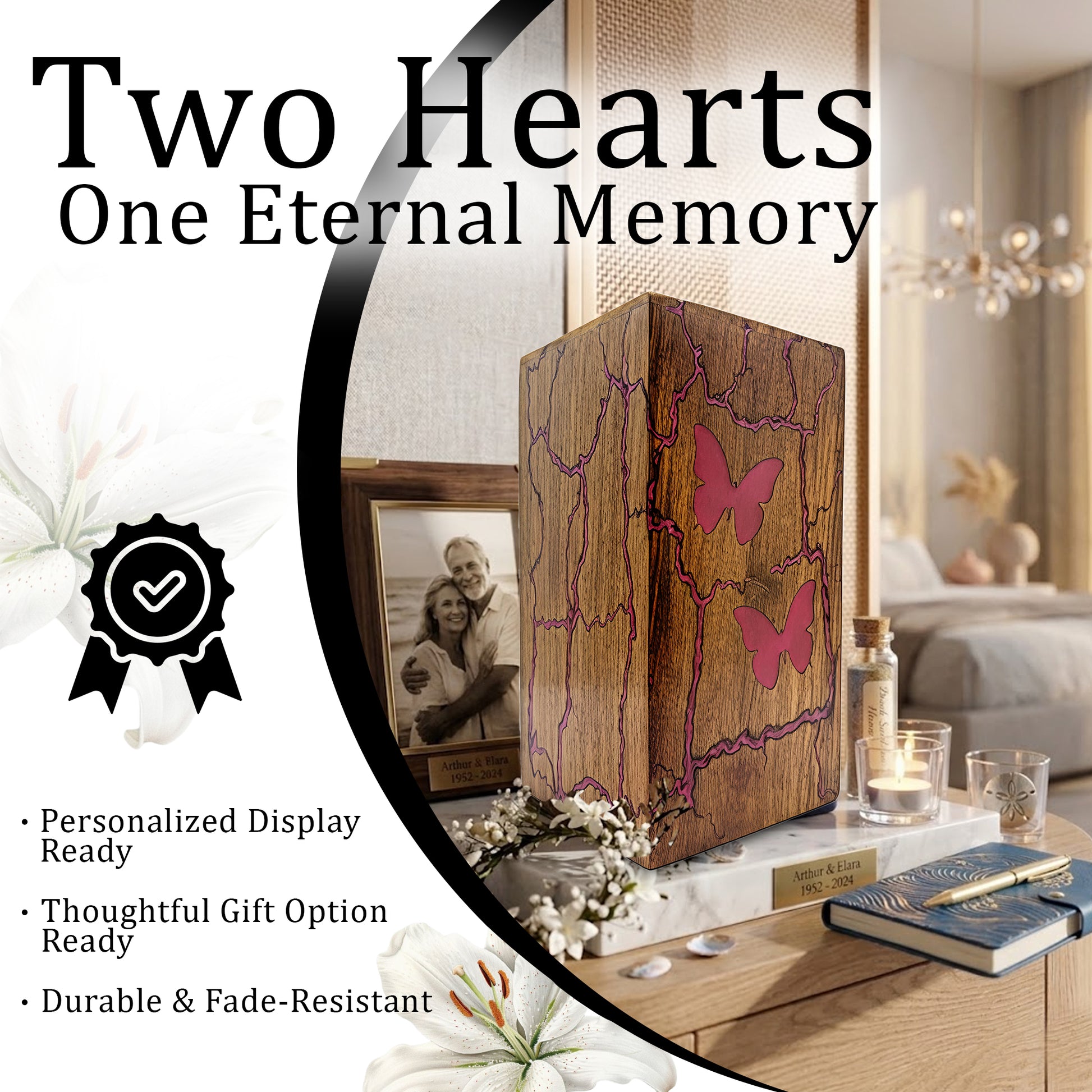 Pink Butterfly Wooden Urn For Ashes - Resin Keepsake Urns Box For Female