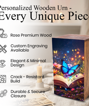 Blue Butterfly Urn For Ashes - Wooden Cremation Urns with Butterflies