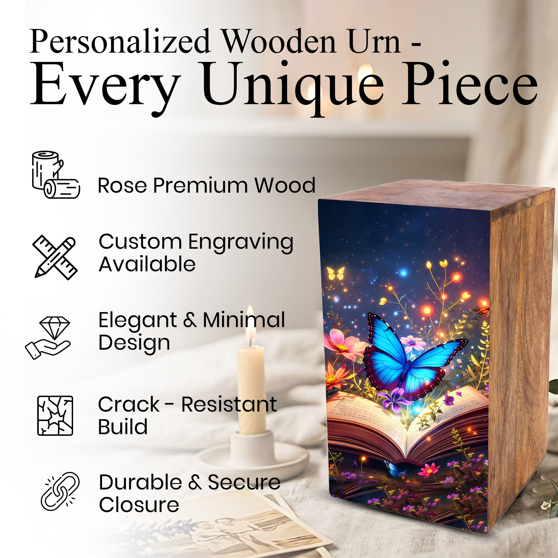 Blue Butterfly Urn For Ashes - Wooden Cremation Urns with Butterflies