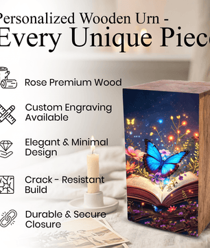 Blue Butterfly Urn For Ashes - Wooden Cremation Urns with Butterflies