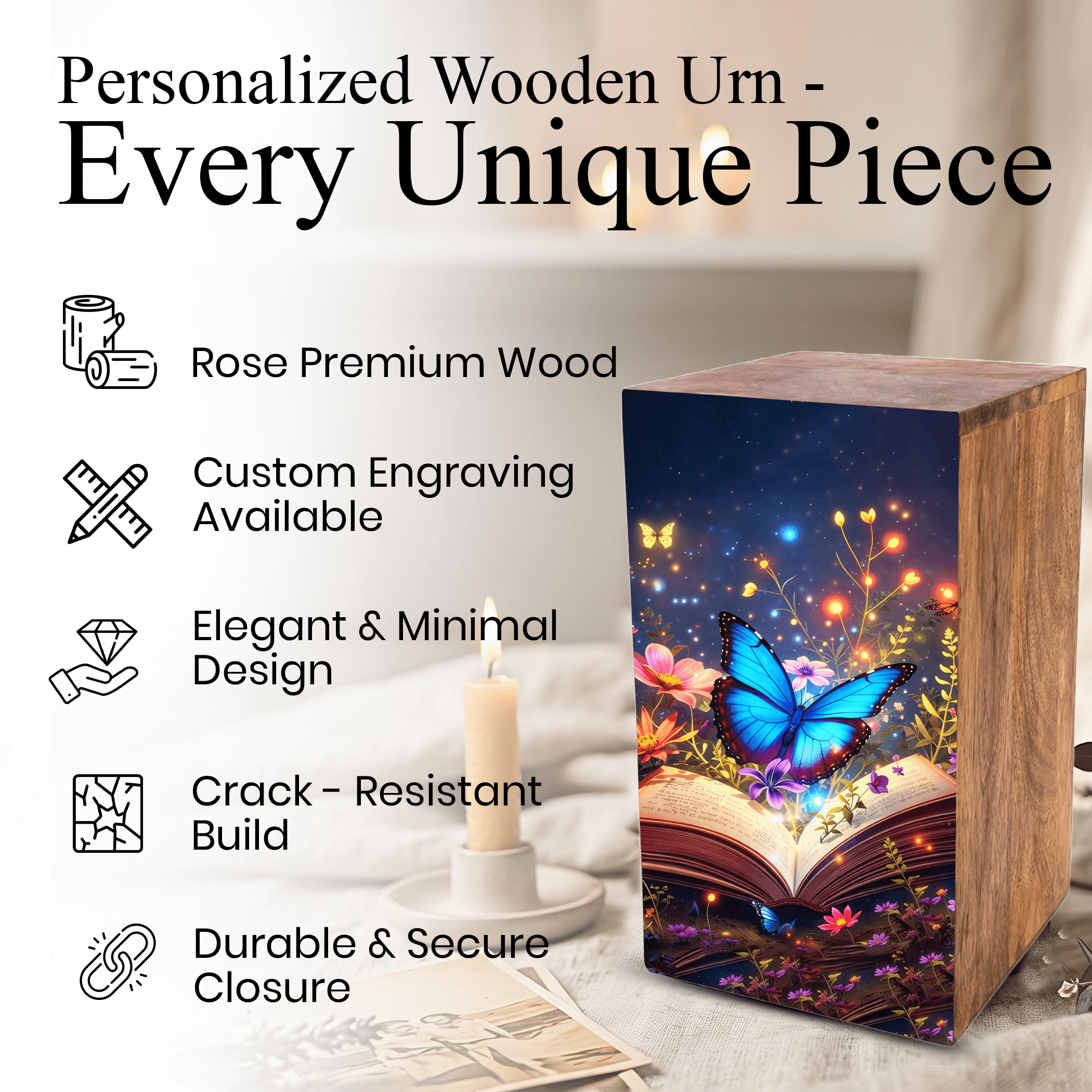 Blue Butterfly Urn For Ashes - Wooden Cremation Urns with Butterflies