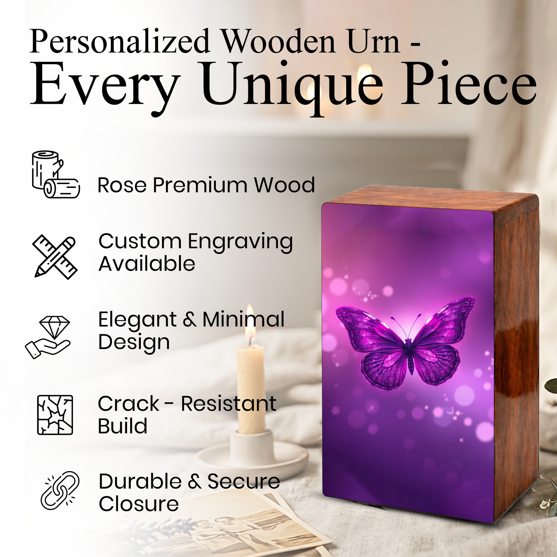 Purple Butterfly Urn For Female - Pink Butterfly Keepsake Urns Wooden Box