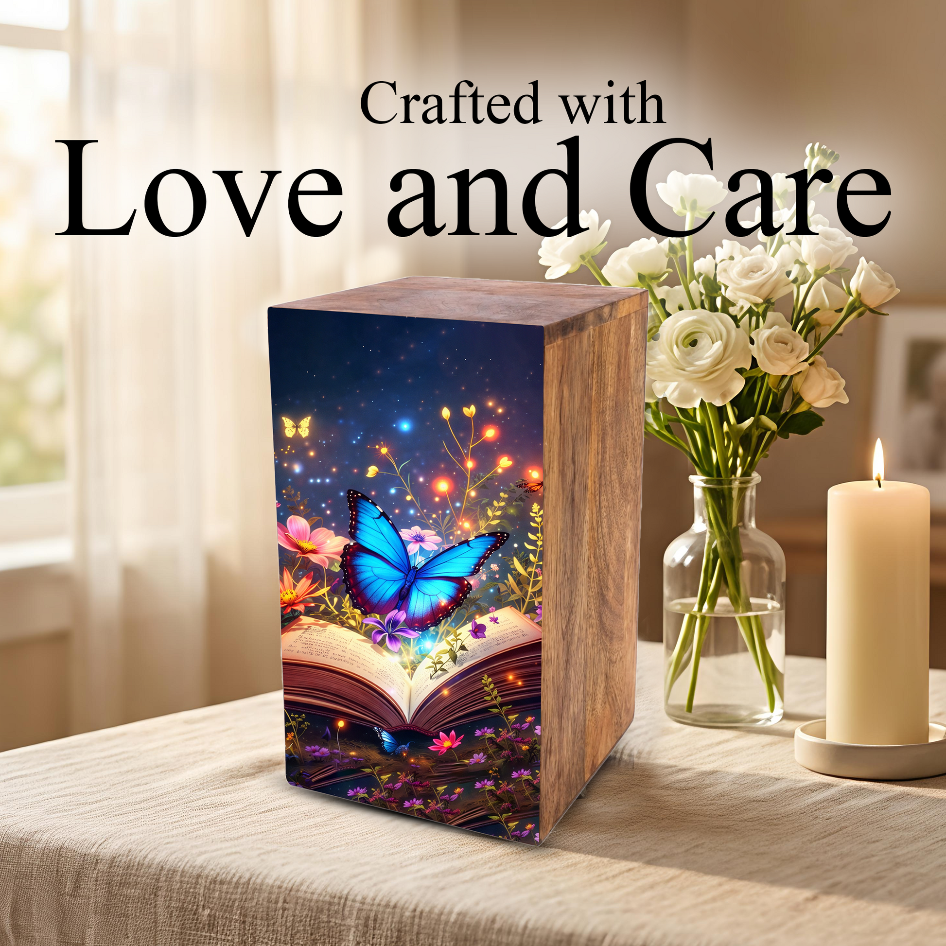 Blue Butterfly Urn For Ashes - Wooden Cremation Urns with Butterflies