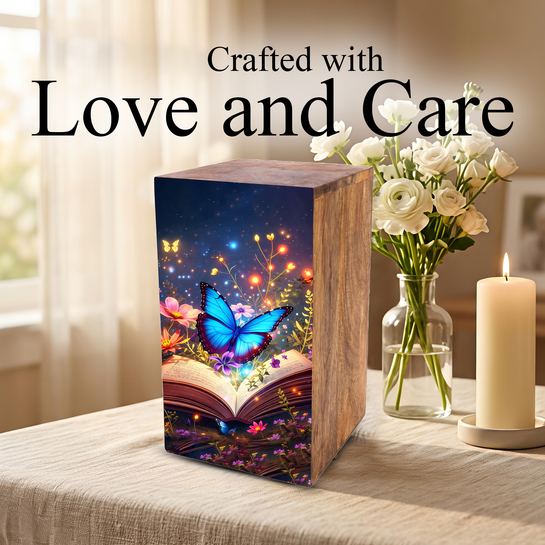 Blue Butterfly Urn For Ashes - Wooden Cremation Urns with Butterflies