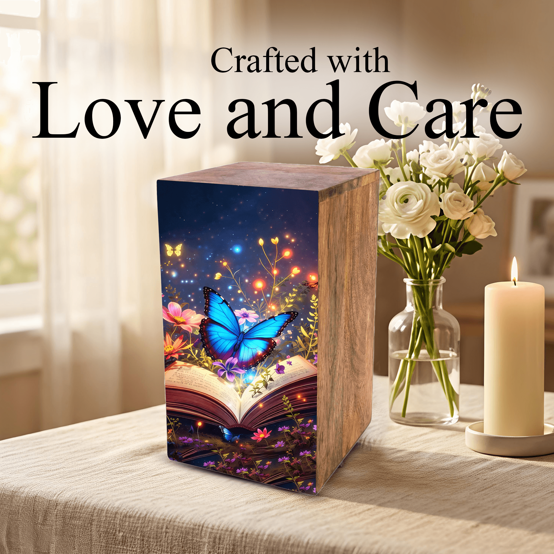 Blue Butterfly Urn For Ashes - Wooden Cremation Urns with Butterflies