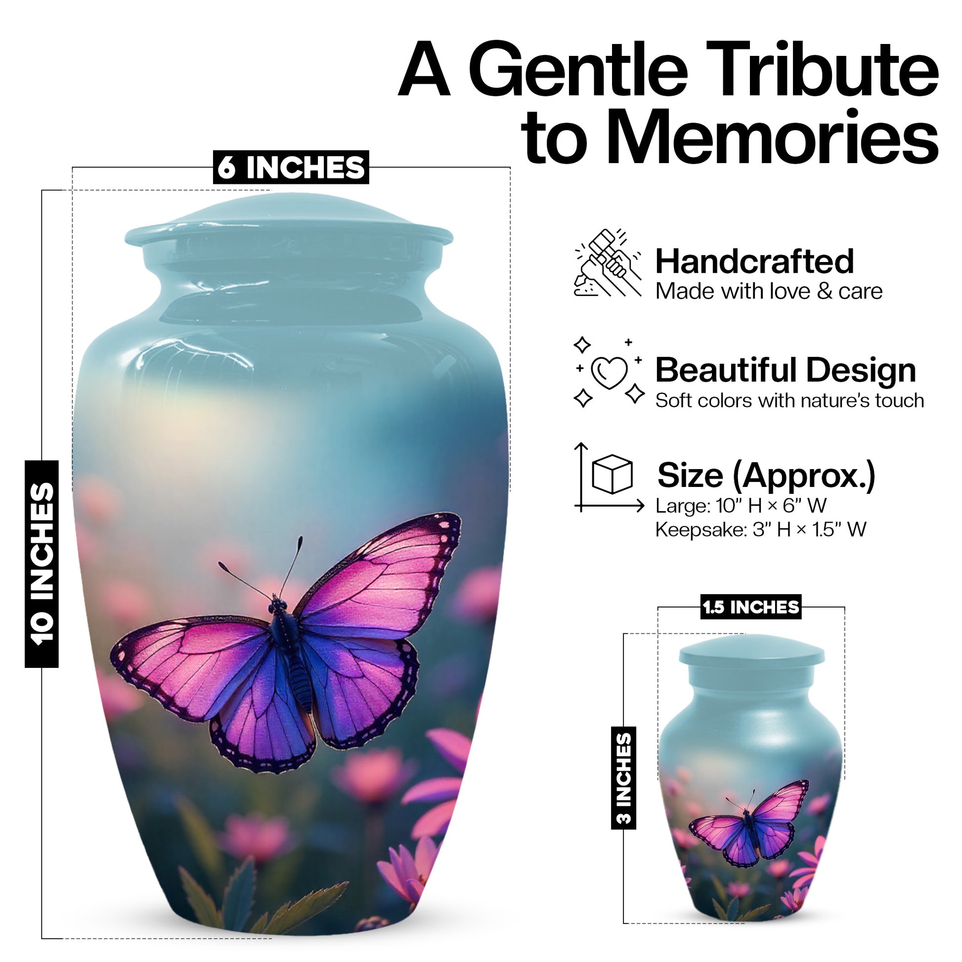 Purple Pink Butterfly Urn for Human Ashes | Elegant Purple Pink Butterfly Cremation Urn for Adult Ashes