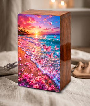 Pink Butterfly Urn For Human Ashes Women - Beach Scene Cremation Urns With Butterflies