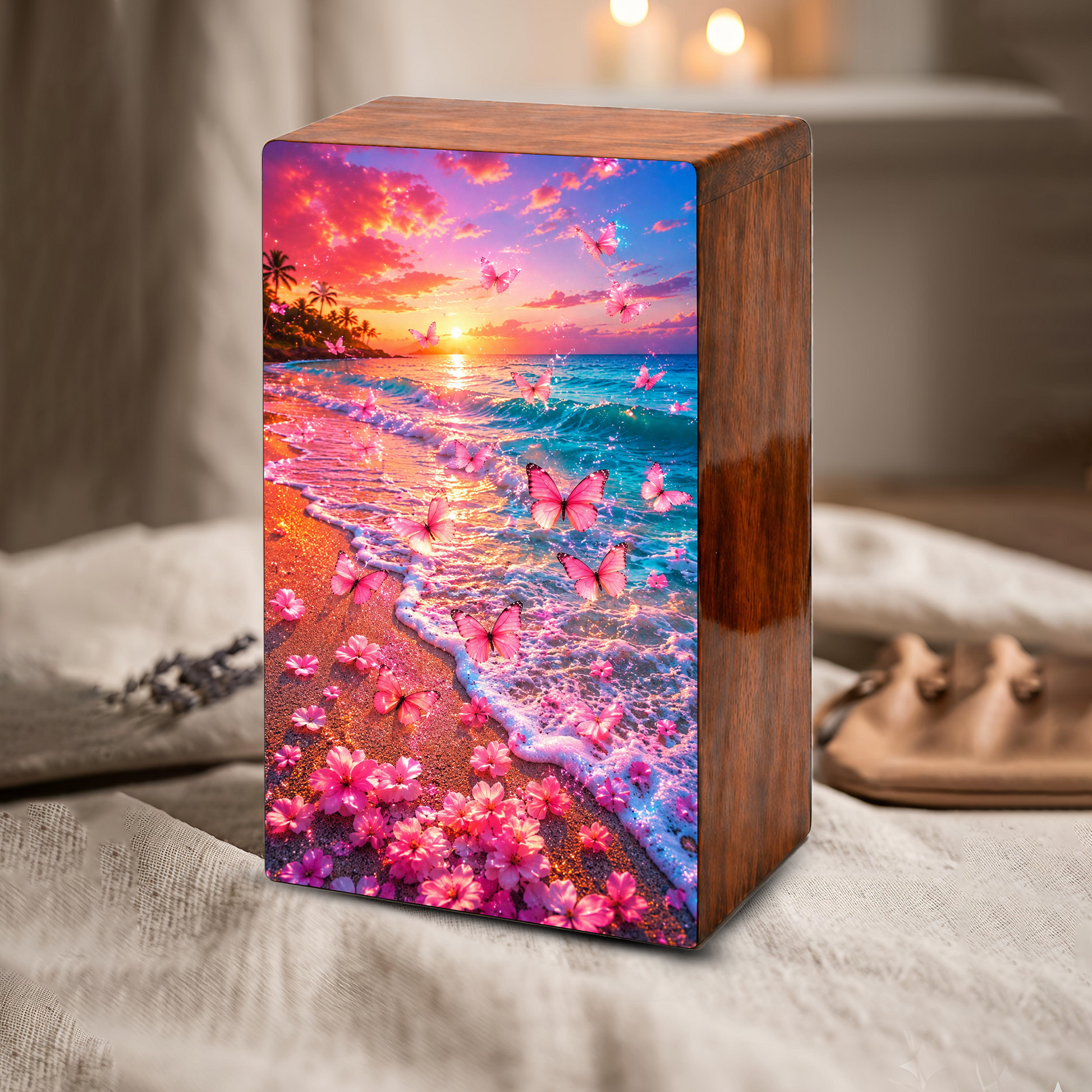 Pink Butterfly Urn For Human Ashes Women - Beach Scene Cremation Urns With Butterflies