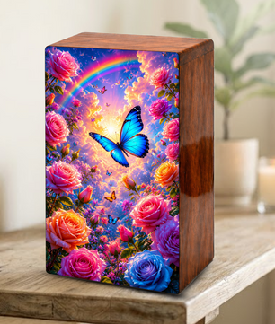 Blue Butterfly Urn For Ashes Women - Wooden Flower Mini Cremation Urn with Butterflies