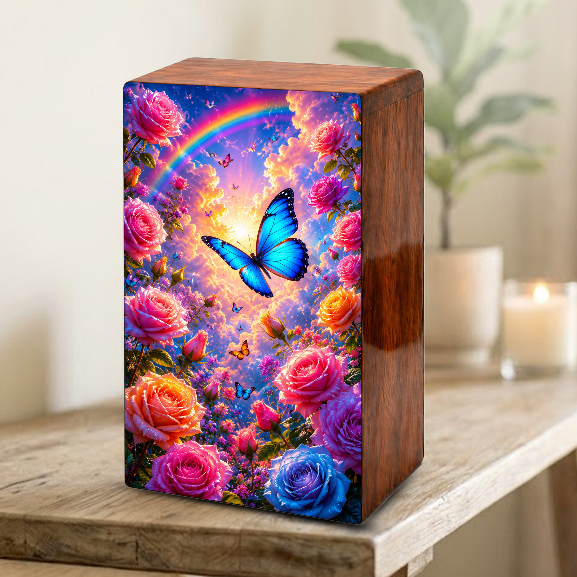 Blue Butterfly Urn For Ashes Women - Wooden Flower Mini Cremation Urn with Butterflies