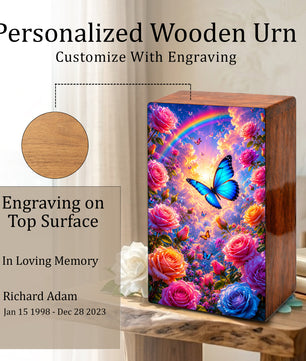 Blue Butterfly Urn For Ashes Women - Wooden Flower Mini Cremation Urn with Butterflies