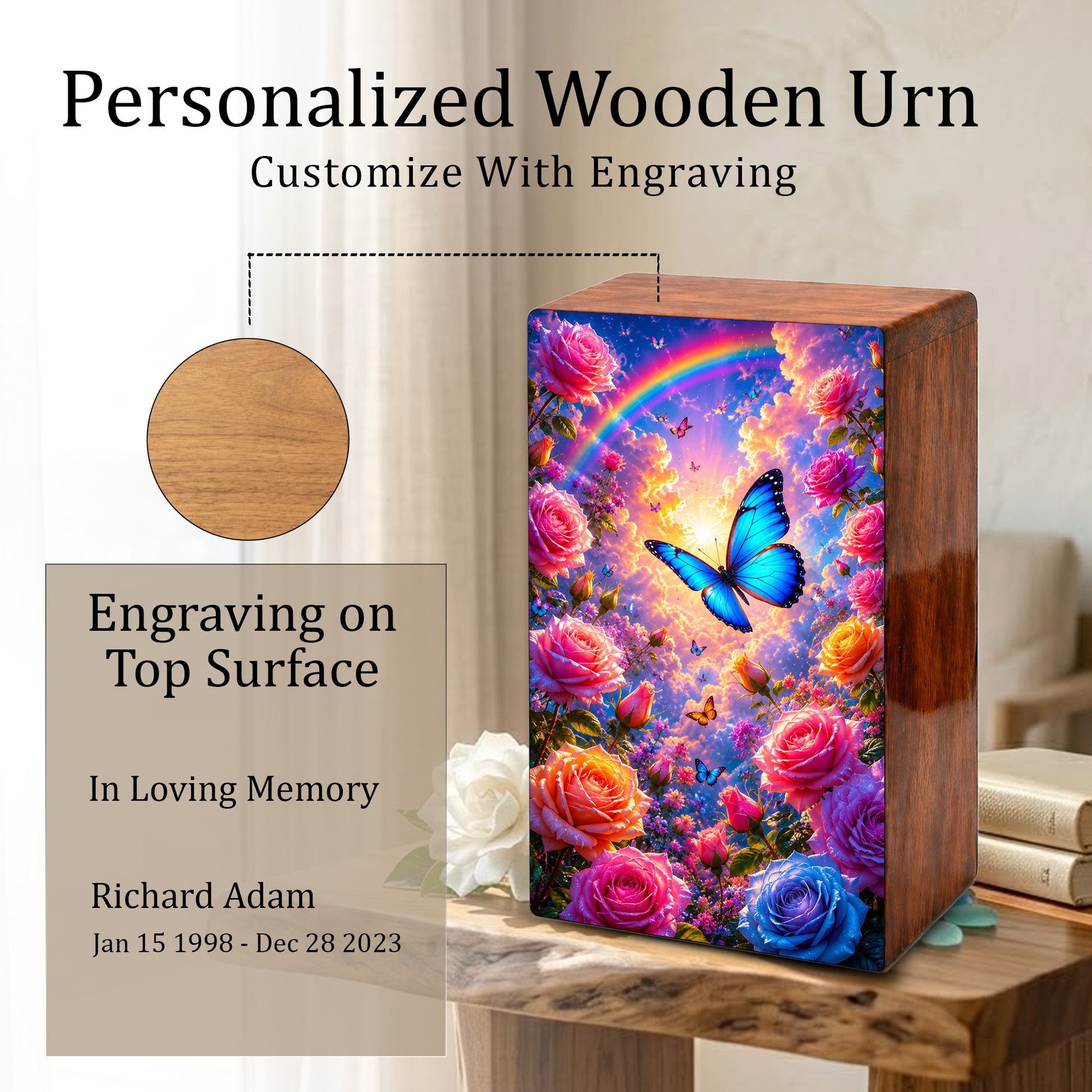 Blue Butterfly Urn For Ashes Women - Wooden Flower Mini Cremation Urn with Butterflies