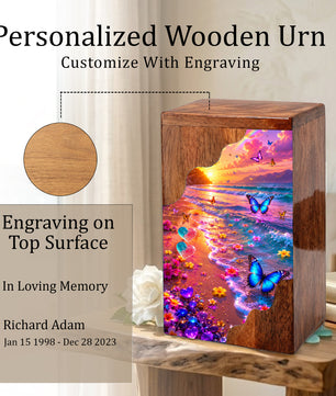 Personalized Butterfly Beach Wooden Cremation Urn – Sunset Ocean Memorial Urn with Butterflies & Floral Shore