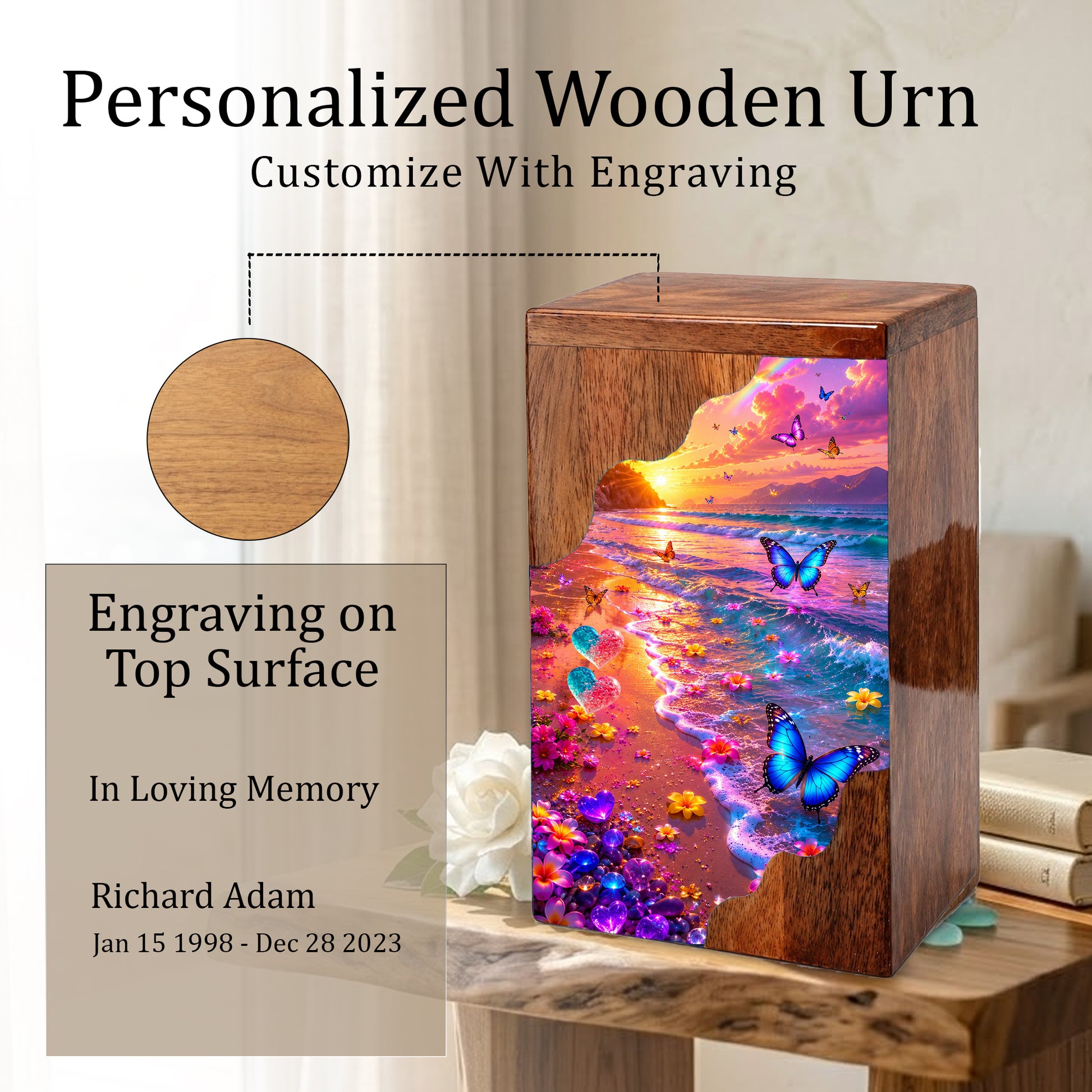 Personalized Butterfly Beach Wooden Cremation Urn – Sunset Ocean Memorial Urn with Butterflies & Floral Shore