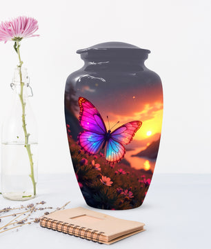 Pink Blue Butterfly Urn for Human Ashes | Elegant Pink Blue Butterfly Cremation Urn for Adult Ashes