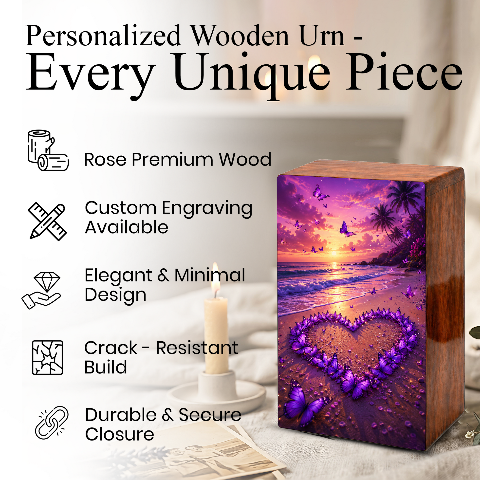 Purple Butterfly Urn For Human Ashes - Heart Beach Memorial Urns For Male and Female