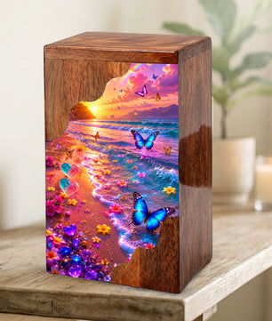 Personalized Butterfly Beach Wooden Cremation Urn – Sunset Ocean Memorial Urn with Butterflies & Floral Shore