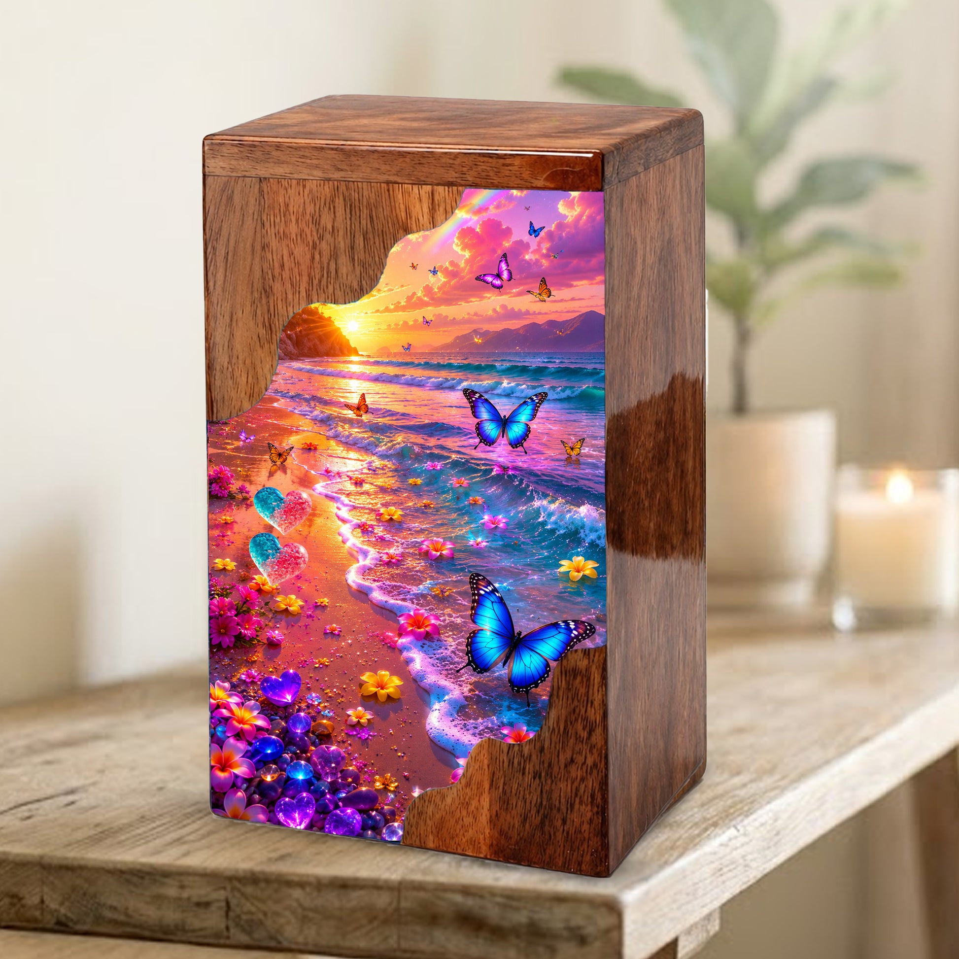 Personalized Butterfly Beach Wooden Cremation Urn – Sunset Ocean Memorial Urn with Butterflies & Floral Shore