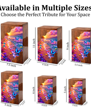 Personalized Butterfly Beach Wooden Cremation Urn – Sunset Ocean Memorial Urn with Butterflies & Floral Shore