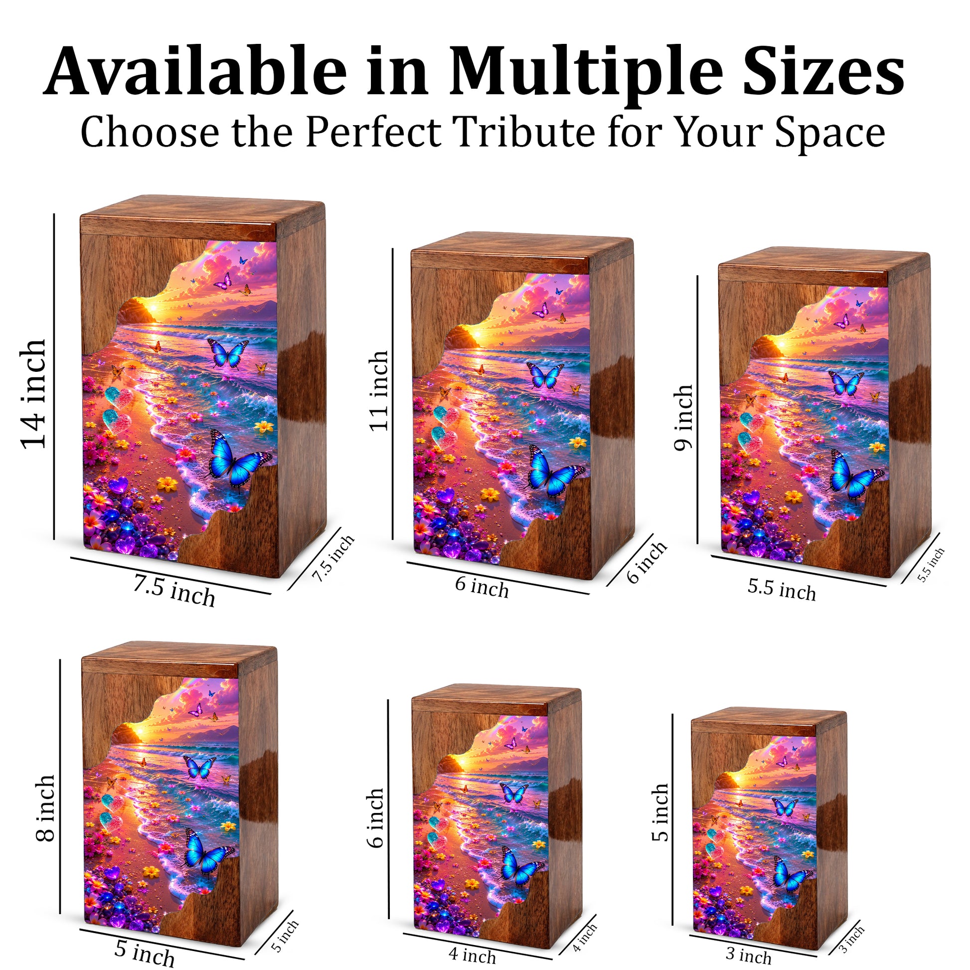 Personalized Butterfly Beach Wooden Cremation Urn – Sunset Ocean Memorial Urn with Butterflies & Floral Shore