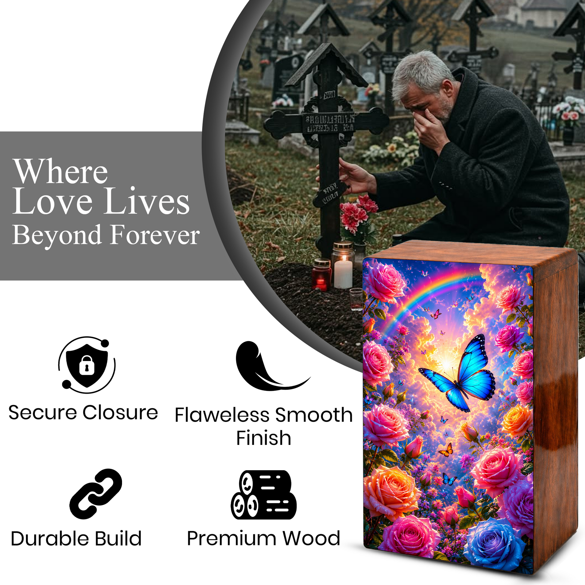 Blue Butterfly Urn For Ashes Women - Wooden Flower Mini Cremation Urn with Butterflies