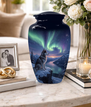 Husky Dog Urn for Ashes - Aurora Borealis Mini Urns For Pets