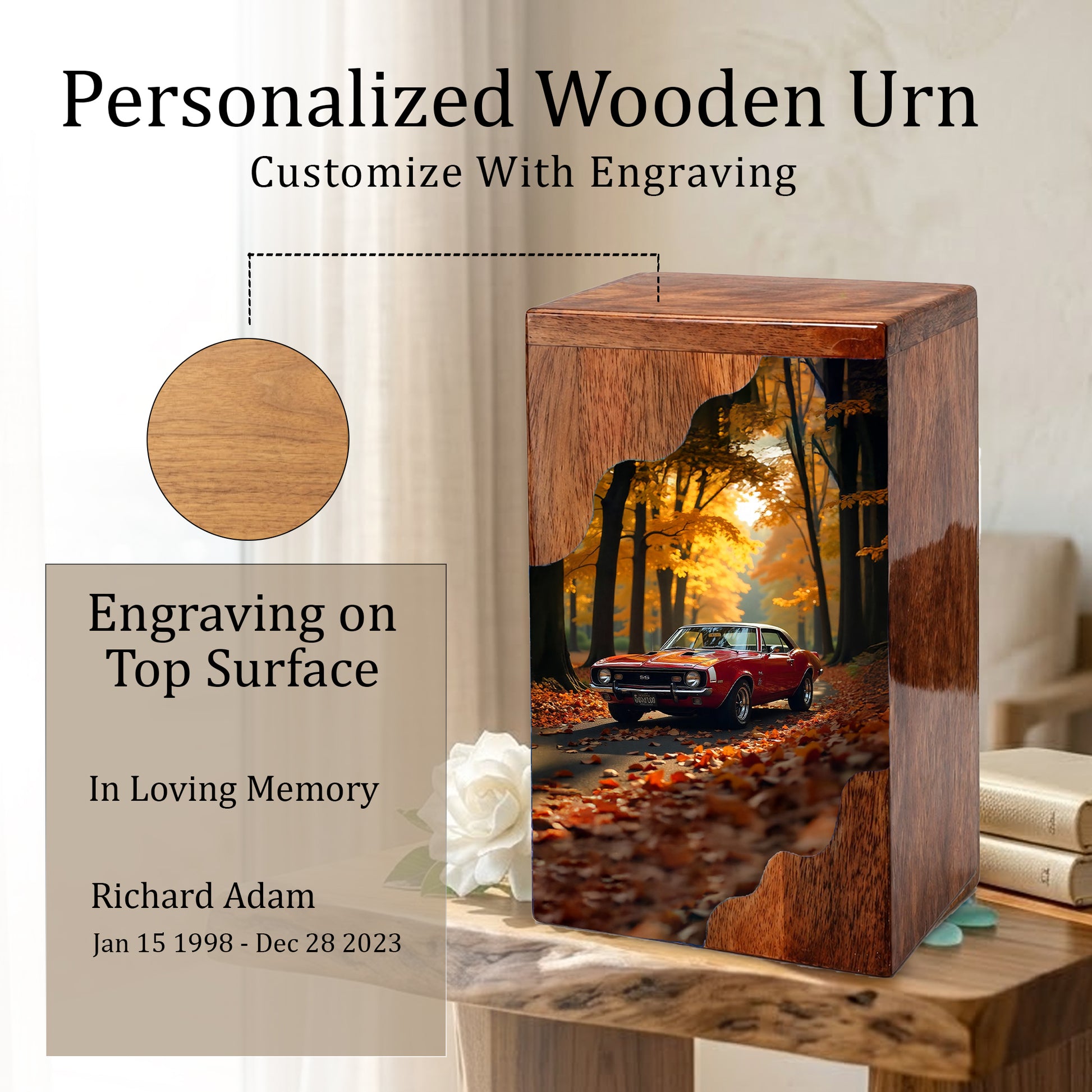 Wooden Cremation Urn – Classic Car Memorial Design | Custom Wooden Urn for Human Ashes