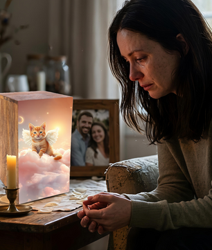 Orange Cat Urn For Ashes - Kitten Keepsake Urns Box For Pet Memorial