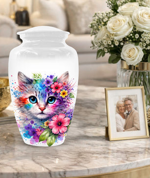Cat Urn for Ashes - Personalized Cat Memorial Keepsake | Colorful Floral Cat Cremation Urns