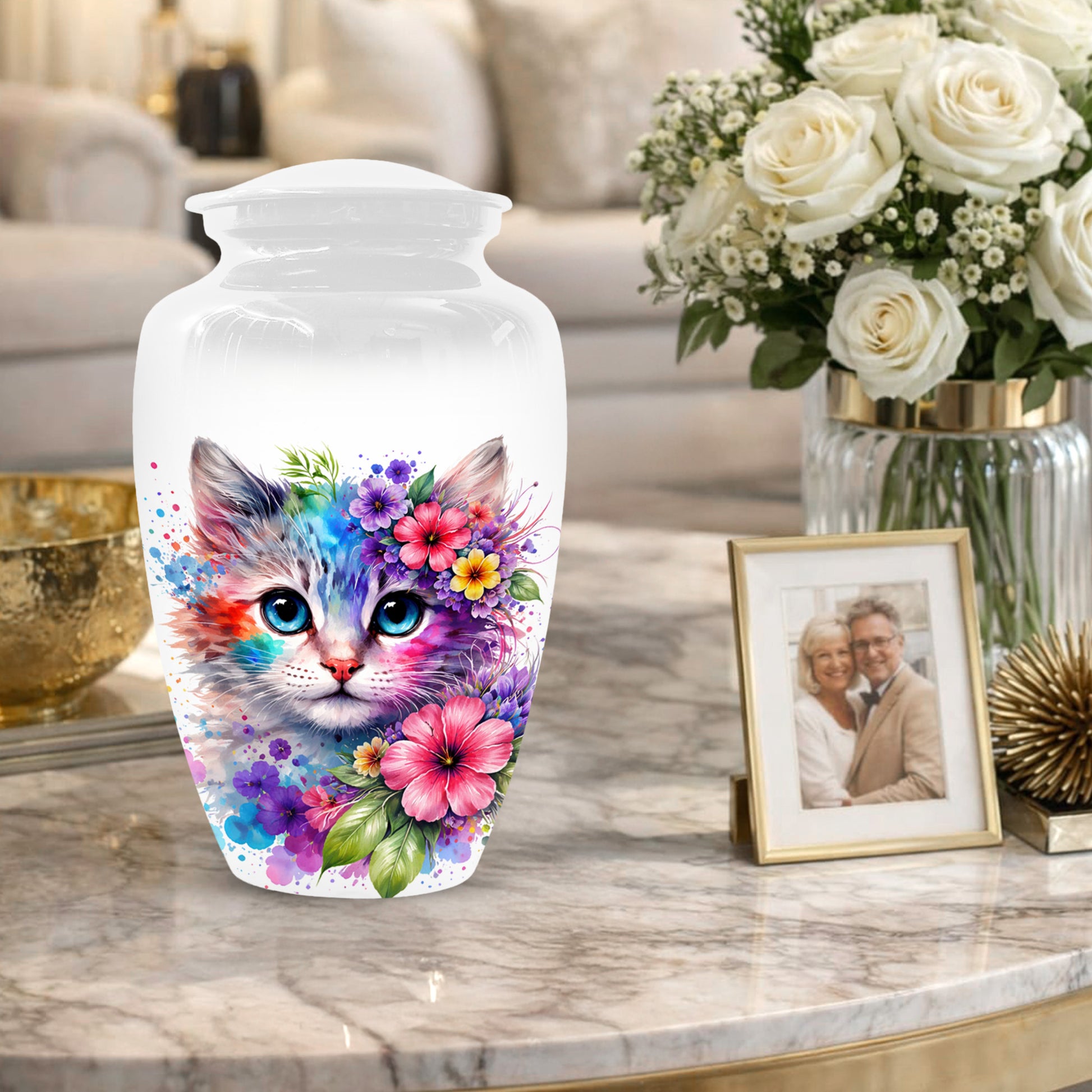 Cat Urn for Ashes - Personalized Cat Memorial Keepsake | Colorful Floral Cat Cremation Urns