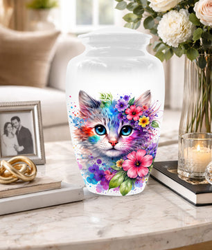 Cat Urn for Ashes - Personalized Cat Memorial Keepsake | Colorful Floral Cat Cremation Urns