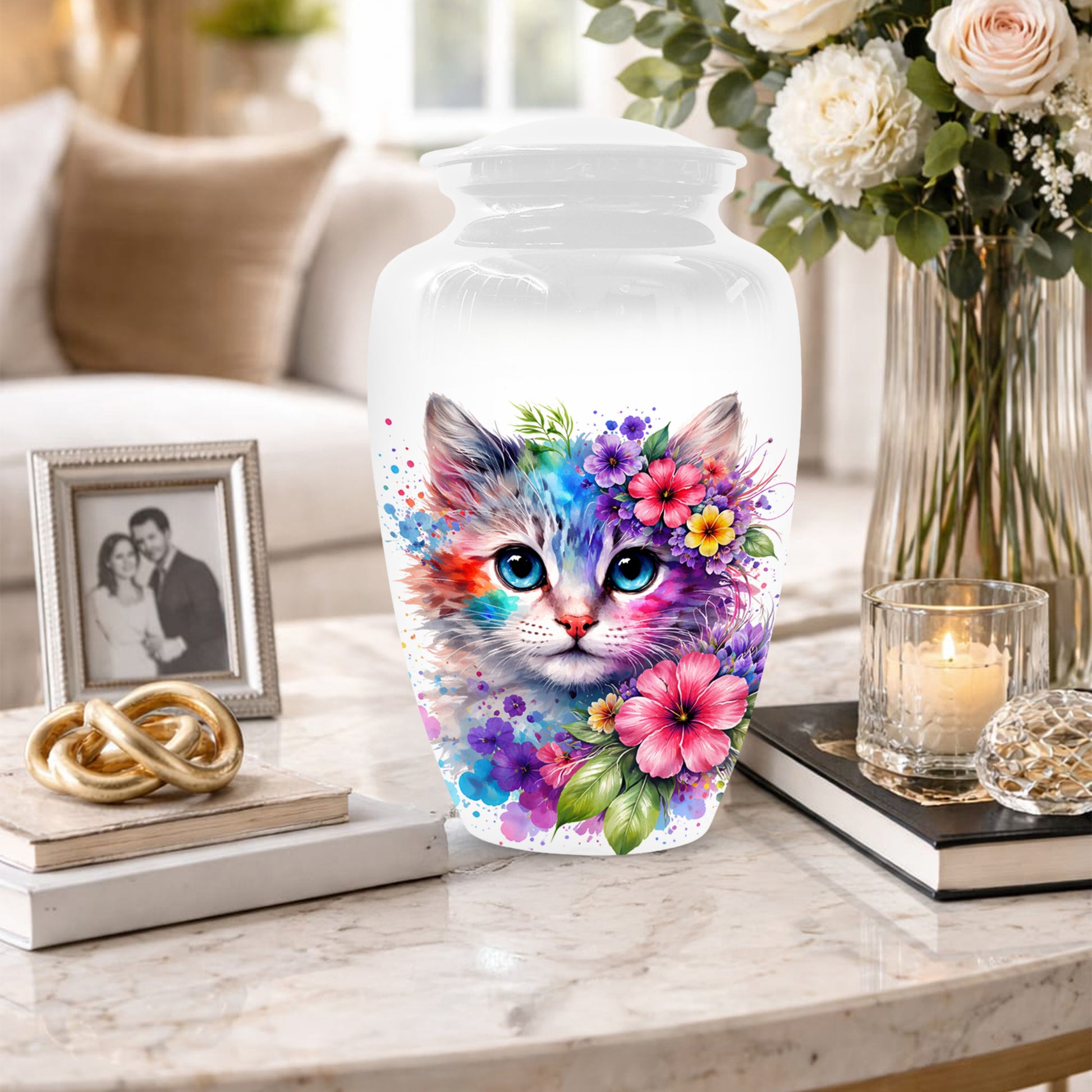 Cat Urn for Ashes - Personalized Cat Memorial Keepsake | Colorful Floral Cat Cremation Urns