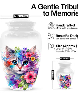 Cat Urn for Ashes - Personalized Cat Memorial Keepsake | Colorful Floral Cat Cremation Urns