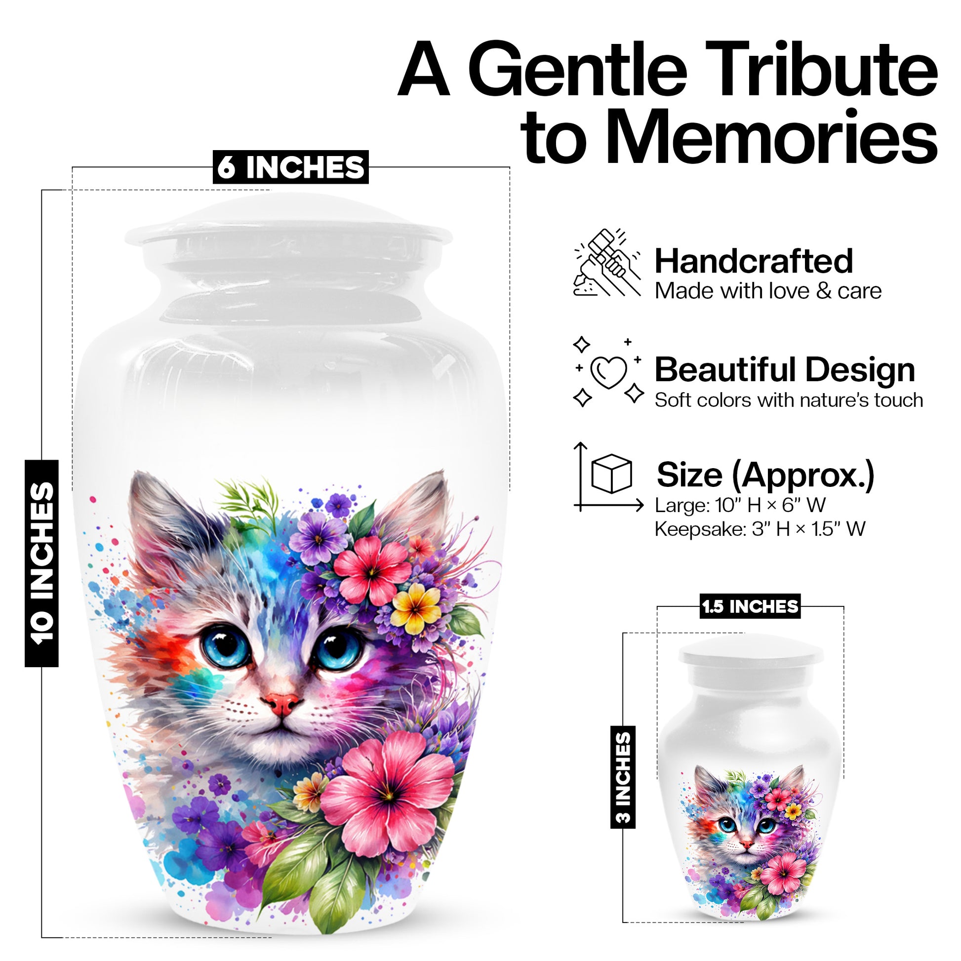 Cat Urn for Ashes - Personalized Cat Memorial Keepsake | Colorful Floral Cat Cremation Urns