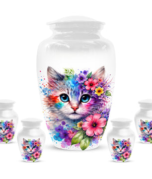 Cat Urn for Ashes - Personalized Cat Memorial Keepsake | Colorful Floral Cat Cremation Urns