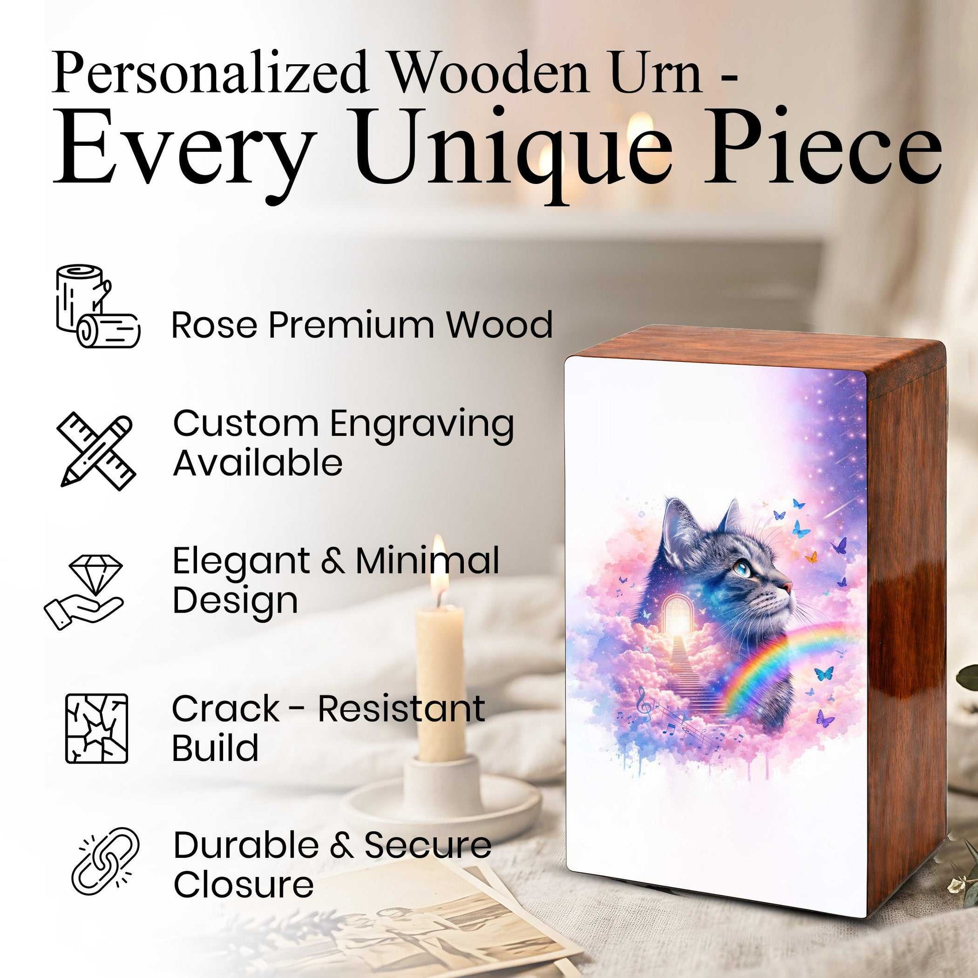Rainbow Bridge Cat Urn for Ashes - Personalized Pet Keepsake Box - Cat Loss Gift