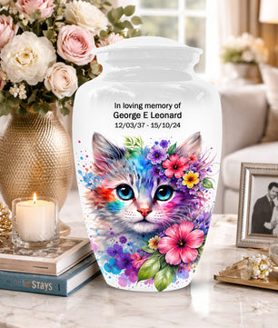 Cat Urn for Ashes - Personalized Cat Memorial Keepsake | Colorful Floral Cat Cremation Urns