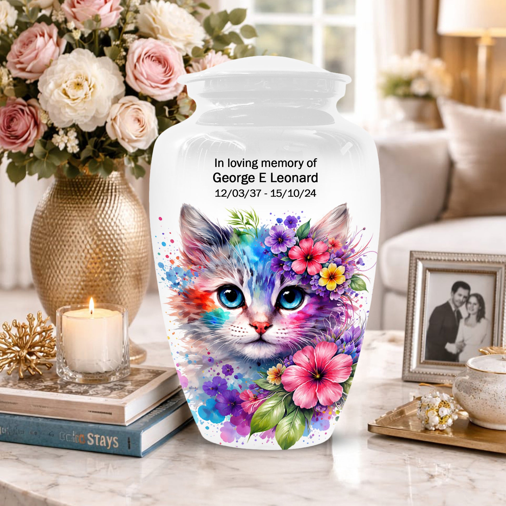 Cat Urn for Ashes - Personalized Cat Memorial Keepsake | Colorful Floral Cat Cremation Urns