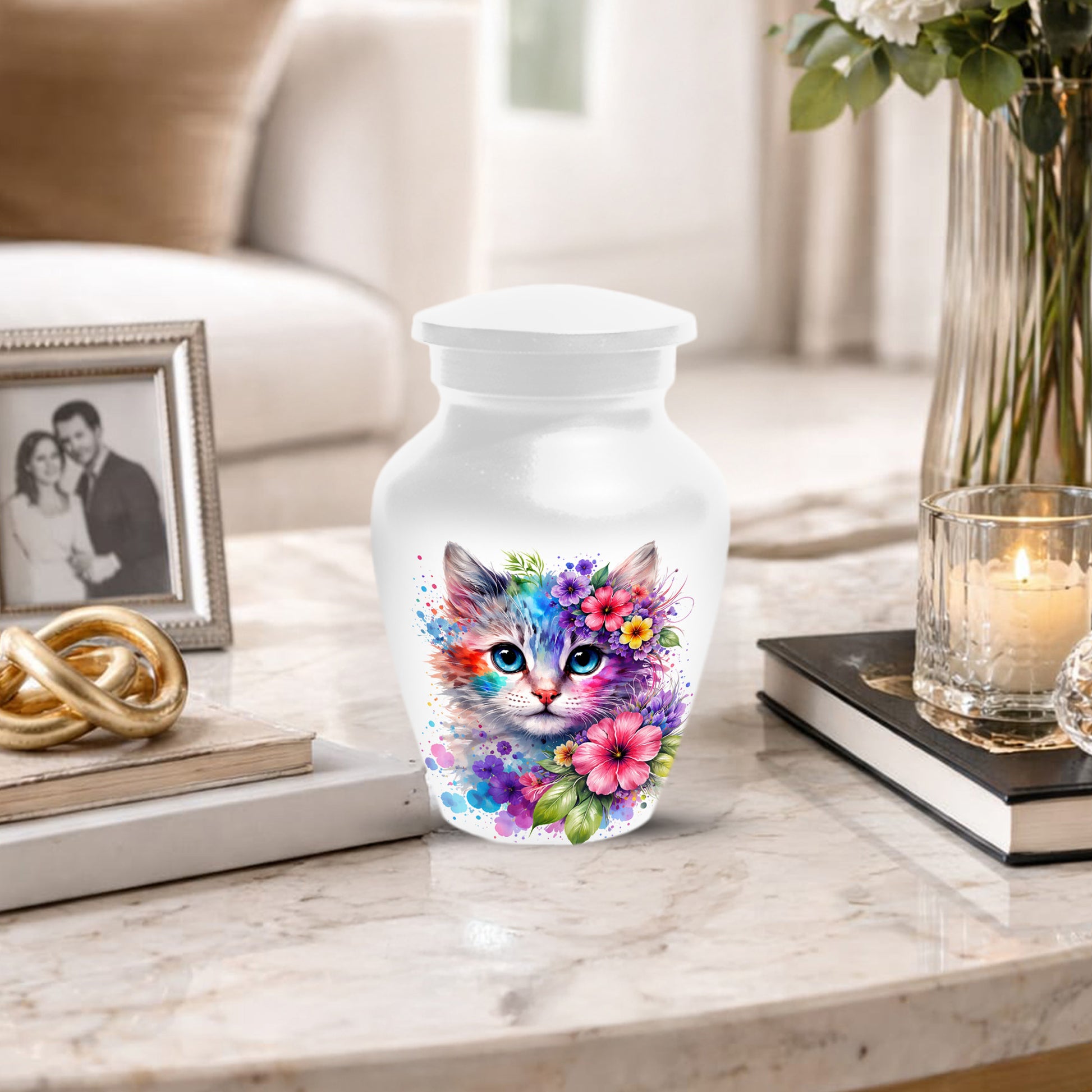 Cat Urn for Ashes - Personalized Cat Memorial Keepsake | Colorful Floral Cat Cremation Urns