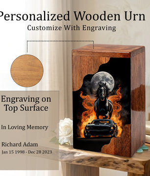 Horse & Muscle Car Wooden Cremation Urn – Custom Memorial Urn with Moonlit Horse and Classic Car Artwork