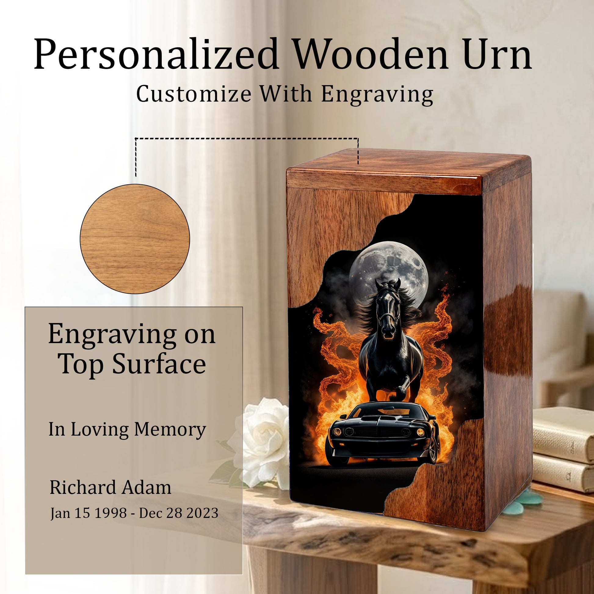 Horse & Muscle Car Wooden Cremation Urn – Custom Memorial Urn with Moonlit Horse and Classic Car Artwork