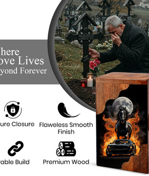 Horse & Muscle Car Wooden Cremation Urn – Custom Memorial Urn with Moonlit Horse and Classic Car Artwork